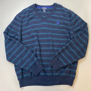 Brooks Brothers Sweater Mens XL V-Neck Navy Teal Stripe 100% Merino Quiet Luxury